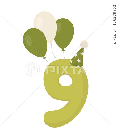 A green number nine with three balloons and a star-shaped party hat. Pastel flat vector with soft shadows. Perfect for birthday and anniversary invitations. Ideal for DIY invitations, cards, posters, A green number nine with three balloons and a star-shaped party hat. Pastel flat vector with soft shadows. Perfect for birthday and anniversary invitations. Ideal for DIY invitations, cards, posters, 136279552