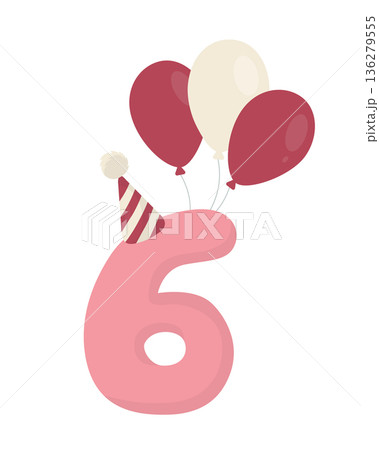 Pink number 6 with three balloons and striped party hat. Pastel flat vector with soft shading. Birthday anniversary numeral clipart isolated on white. For sixth birthday invites, cards, posters print. 136279555
