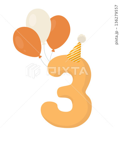 Third birthday, orange number three, with a party hat and a bouquet of balloons. Flat vector illustration for boy's first birthday invitations, greeting cards, nursery decor, party posters, photo Third birthday, orange number three, with a party hat and a bouquet of balloons. Flat vector illustration for boy's first birthday invitations, greeting cards, nursery decor, party posters, photo 136279557