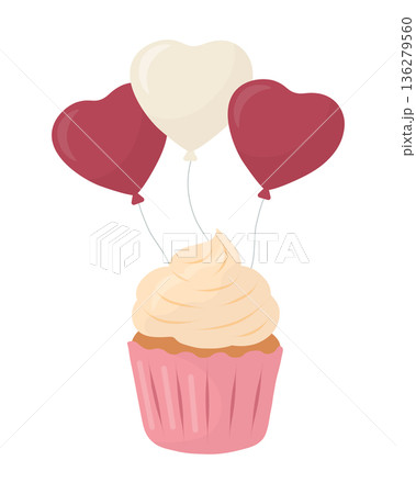 Pink cupcake with creamy swirl and three heart balloons. Pastel vector illustration with rounded shapes and highlights. Romantic dessert icon for Valentines Day, cards, invites, ads, banners, posters. Pink cupcake with creamy swirl and three heart balloons. Pastel vector illustration with rounded shapes and highlights. Romantic dessert icon for Valentines Day, cards, invites, ads, banners, posters. 136279560