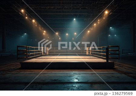 an empty boxing ring, floodlit. an empty boxing ring, floodlit. 136279569