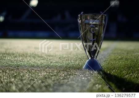 UEFA Cup on the stadium grass in the rays of light 136279577