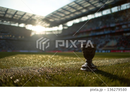 UEFA Cup on the stadium grass in the rays of light 136279580