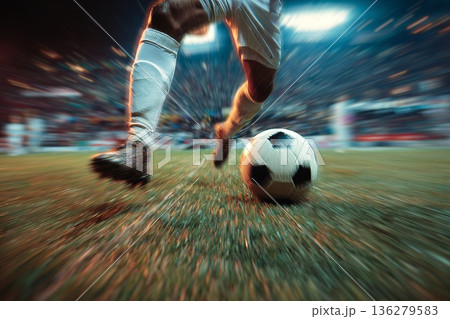 A football player kicks a ball hard close-up on the stadium pitch 136279583