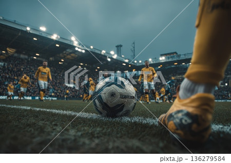 A football player prepares to take a penalty kick, a ball near him 136279584