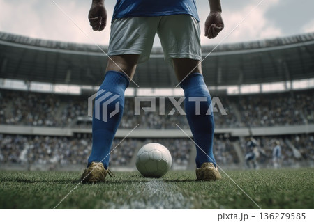 A football player prepares to take a penalty kick, a ball near him 136279585