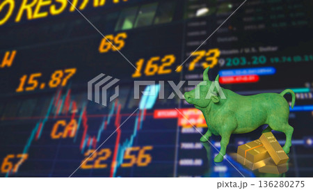 Green Bull Market Symbol With Gold Bars And Rising Stock Chart 3d render. 136280275