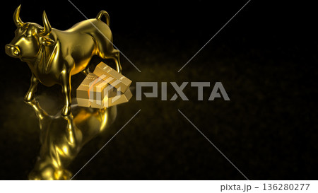 Golden Bull Market Symbol With Gold Bars On Black Background 3d render. Golden Bull Market Symbol With Gold Bars On Black Background 3d render. 136280277