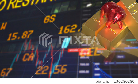 Red Bear Market Symbol On Gold Bars With Falling Stock Chart 3d render. Red Bear Market Symbol On Gold Bars With Falling Stock Chart 3d render. 136280280