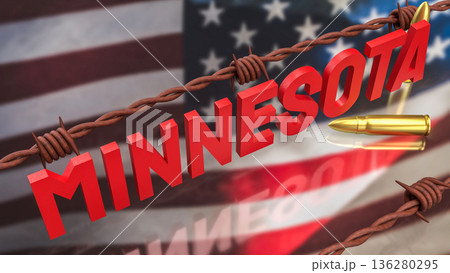 Minnesota State Name with Barbed Wire and Bullet Concept 3d render. 136280295