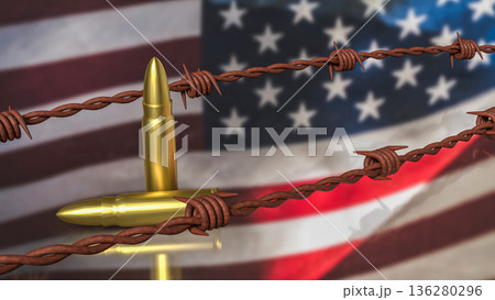 Golden Bullets and Barbed Wire Over United States Flag Concept 3d render. Golden Bullets and Barbed Wire Over United States Flag Concept 3d render. 136280296