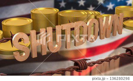 Government Shutdown Concept with Barbed Wire and United States Flag 3d render. 136280298
