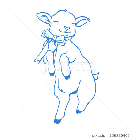 A cute jumping goat with a bow. Farm animals, vector outline illustration of an Easter goat. Clipart featuring a farm animal. 136280405