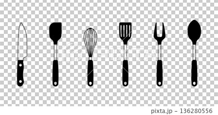 Set of black and white kitchen utensil icons without background. 136280556
