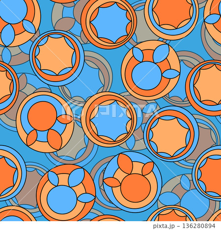 Seamless pattern with geometric aboriginal ornament. Ethnic tribal rounded color background. Afican, australian motiph. Dots painting. Vector illustration, template design for cloth, card, fabric 136280894