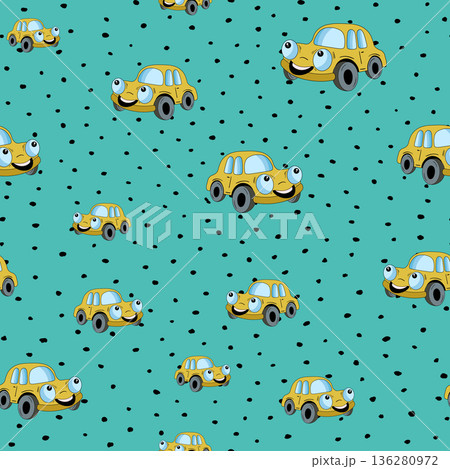 Seamless pattern with cute car on color background. Cartoot transport. Vector illustration. Doodle style. Design for baby print, invitation, poster, card, fabric, textile 136280972