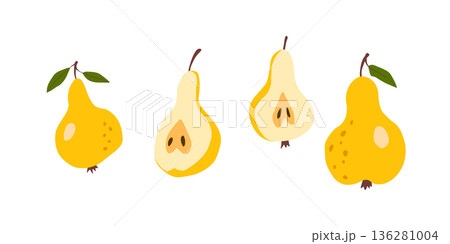 Pear isolated on white background. Natural delicious fresh ripe tasty fruit. Sweet pears with leaves. Food concept. Vector illustration for design 136281004