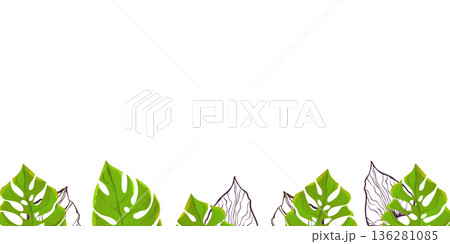 Floral frame with colorful exotic branches on white background. Ornate border with tropic leaves. Vector stock illustration for wallpaper, posters, card. Doodle style. Copy space 136281085