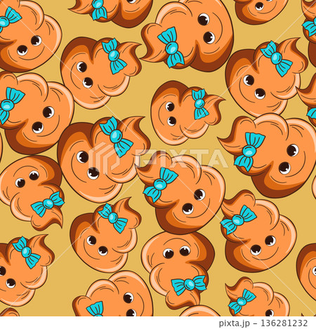 Seamless pattern with kawaii poop on color background. Cartoon poo, feces icons. Shit patterns, evil turd. Vector illustration for invitation, poster, card, fabric, textile. Doodle style 136281232