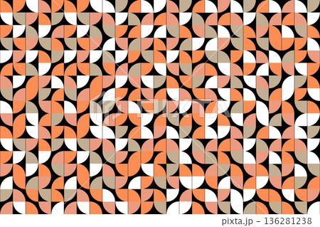 Color bauhaus style seamless pattern. Modern ornament with grid and tile geo squares, semicircles and half-circles. Abstract geometric retro background for cloth, card, textile, fabric 136281238