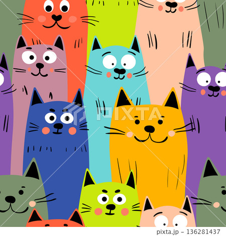 Seamless pattern with cute kitten print. Different scandy cats on color background. Scandinavian style illustration for kids. Vector illustration for fabric, textile, wallpaper, home clothing, pajama Seamless pattern with cute kitten print. Different scandy cats on color background. Scandinavian style illustration for kids. Vector illustration for fabric, textile, wallpaper, home clothing, pajama 136281437
