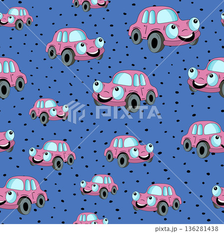Seamless pattern with cute car on color background. Cartoot transport. Vector illustration. Doodle style. Design for baby print, invitation, poster, card, fabric, textile 136281438