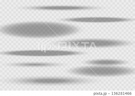 Different realistic round shadow, soft shapes on transparent background. Gray circular and ellipse shadows set. Vector illustration 136281466