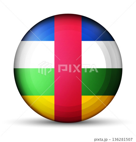 Glass light ball with flag of Central African Republic. Round sphere, template icon. CAR national symbol. Glossy ball, 3D abstract vector illustration highlighted on a white background. Big bubble 136281507