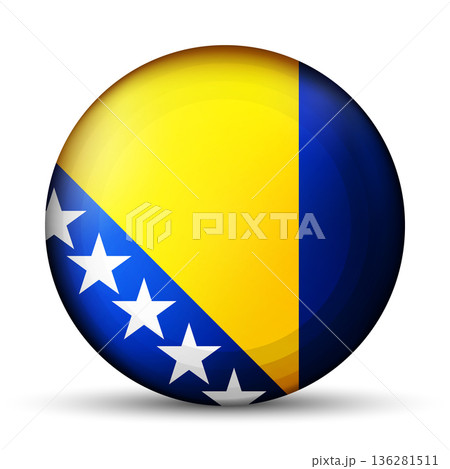 Glass light ball with flag of Bosnia and Herzegovina. Round sphere, template icon. Bosnian national symbol. Glossy realistic ball, 3D abstract vector illustration. Big bubble 136281511