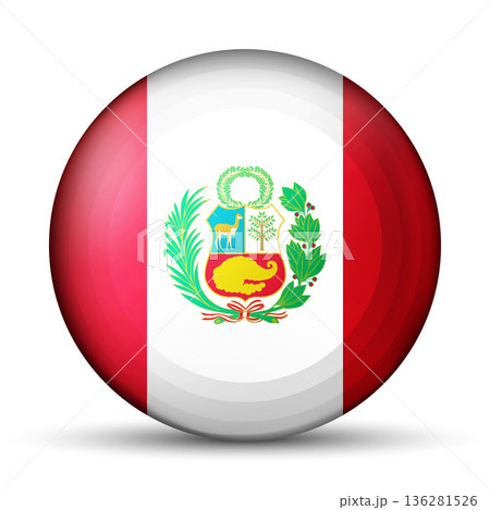 Glass light ball with flag of Peru. Round sphere, template icon. Peruvian islands national symbol. Glossy realistic ball, 3D abstract vector illustration. Big bubble 136281526