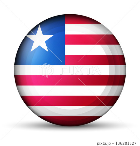 Glass light ball with flag of Liberia. Round sphere, template icon. Liberian national symbol. Glossy realistic ball, 3D abstract vector illustration highlighted on a white background. Big bubble Glass light ball with flag of Liberia. Round sphere, template icon. Liberian national symbol. Glossy realistic ball, 3D abstract vector illustration highlighted on a white background. Big bubble 136281527