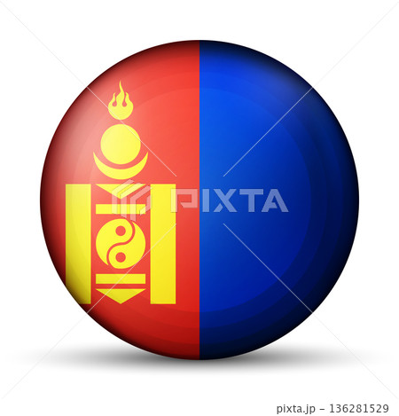 Glass light ball with flag of Mongolia. Round sphere, template icon. Mongolian national symbol. Glossy realistic ball, 3D abstract vector illustration. Big bubble Glass light ball with flag of Mongolia. Round sphere, template icon. Mongolian national symbol. Glossy realistic ball, 3D abstract vector illustration. Big bubble 136281529