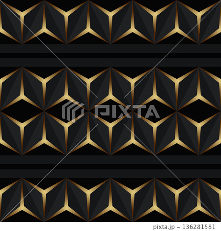 Geometric seamless pattern with gold and colorful elements. Luxury background. Ornamental wallpaper detail of mosaic. Art Deco invitation greeting Design. Vector illustration 136281581