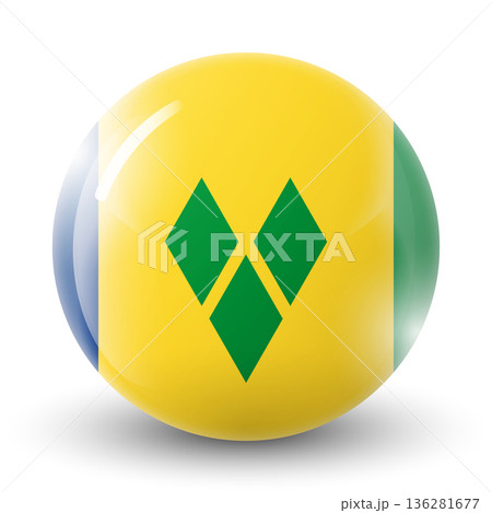 Glass light ball with flag of Flag of Saint Vincent and the Grenadines. Round sphere, template icon. Caribs islands national symbol. Glossy realistic ball, 3D abstract vector illustration. Big bubble 136281677