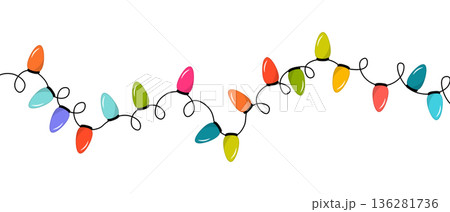 Garland illuminate lightbulbs. Vector realistic glowing colorful christmas lights. National lights day. Vector colorful holiday Christmas New Year 136281736
