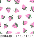 Seamless pattern with strawberry on color background. Natural delicious fresh ripe tasty fruit. Vector illustration for print, fabric, textile, banner, other design. Food concept 136281747