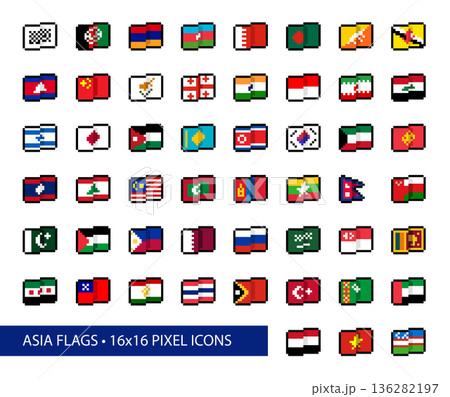 Asia Flags 16x16 Pixel Art Icons - Vector Set for Web, UI, Games. 45+ pictograms are stylized, simplified, abstract pixel interpretations of flag designs in common use as of 2026. Asia Flags 16x16 Pixel Art Icons - Vector Set for Web, UI, Games. 45+ pictograms are stylized, simplified, abstract pixel interpretations of flag designs in common use as of 2026. 136282197
