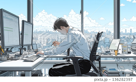 職場のデスクでパソコンに向かって仕事をしているビジネスマン