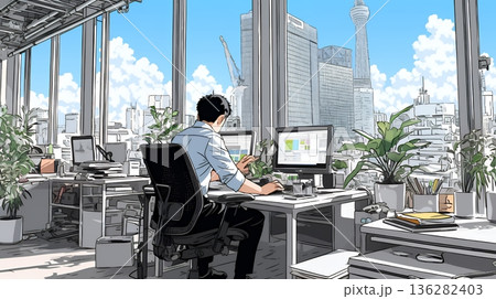 職場のデスクでパソコンに向かって仕事をしているビジネスマン