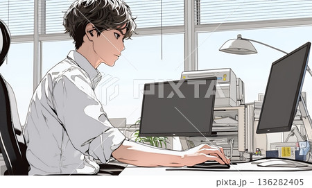 職場のデスクでパソコンに向かって仕事をしているビジネスマン