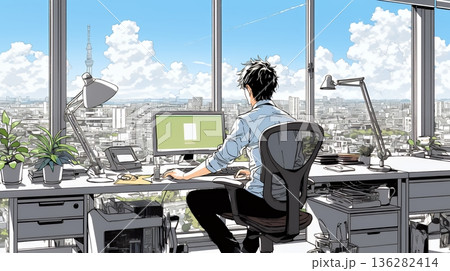 職場のデスクでパソコンに向かって仕事をしているビジネスマン