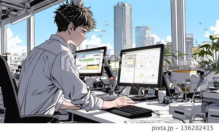職場のデスクでパソコンに向かって仕事をしているビジネスマン