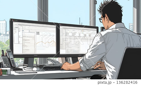 職場のデスクでパソコンに向かって仕事をしているビジネスマン
