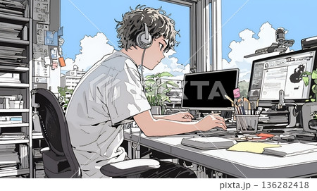 職場のデスクでパソコンに向かって仕事をしているビジネスマン