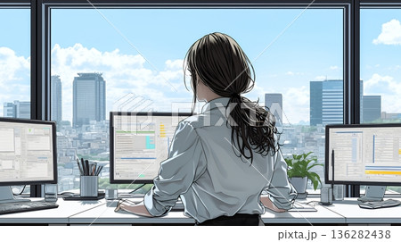 職場のデスクでパソコンに向かって仕事をしているビジネスウーマン