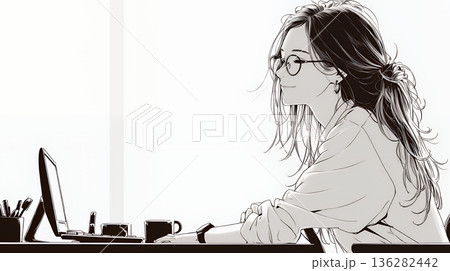 職場のデスクでパソコンに向かって仕事をしているビジネスウーマン（シンプルな色使い）