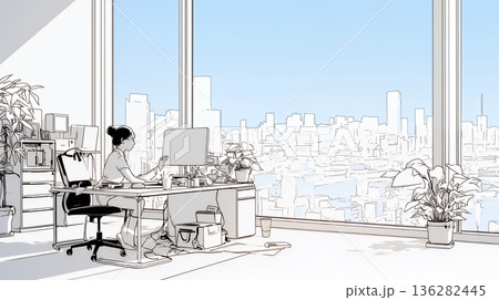 職場のデスクでパソコンに向かって仕事をしているビジネスウーマン（シンプルな色使い）