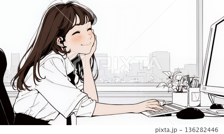 職場のデスクでパソコンに向かって仕事をしているビジネスウーマン（シンプルな色使い）