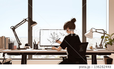 職場のデスクでパソコンに向かって仕事をしているビジネスウーマン（シンプルな色使い） 136282448