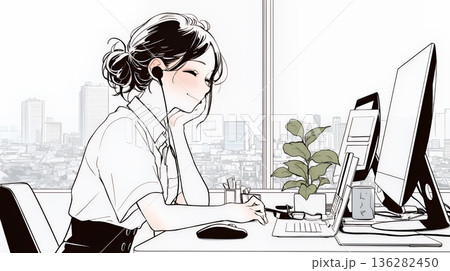 職場のデスクでパソコンに向かって仕事をしているビジネスウーマン（シンプルな色使い） 136282450